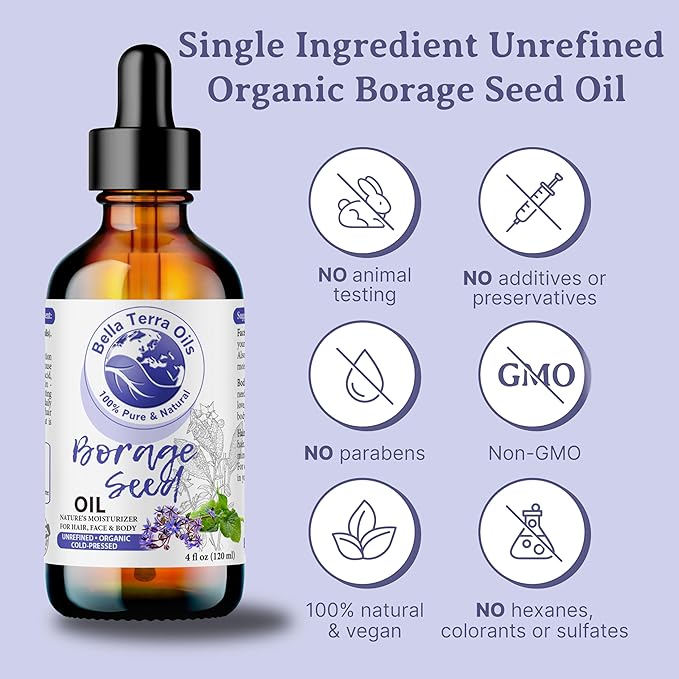 Bella Terra Oils - Organic Borage Seed Oil 2oz - Dive into a World of Omega-6 & Essential Minerals, Natural Nourishment for a Radiant Complexion