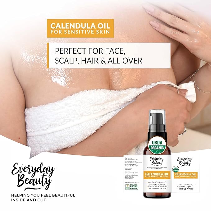 Organic Calendula Oil For Sensitive Skin - 2 Fl Oz Pump Top - USDA Certified 100% All Natural Plant Based, Lightweight & Unscented Gentle Soothing Oil For Sensitive Skin - For Face, Skin & All Over