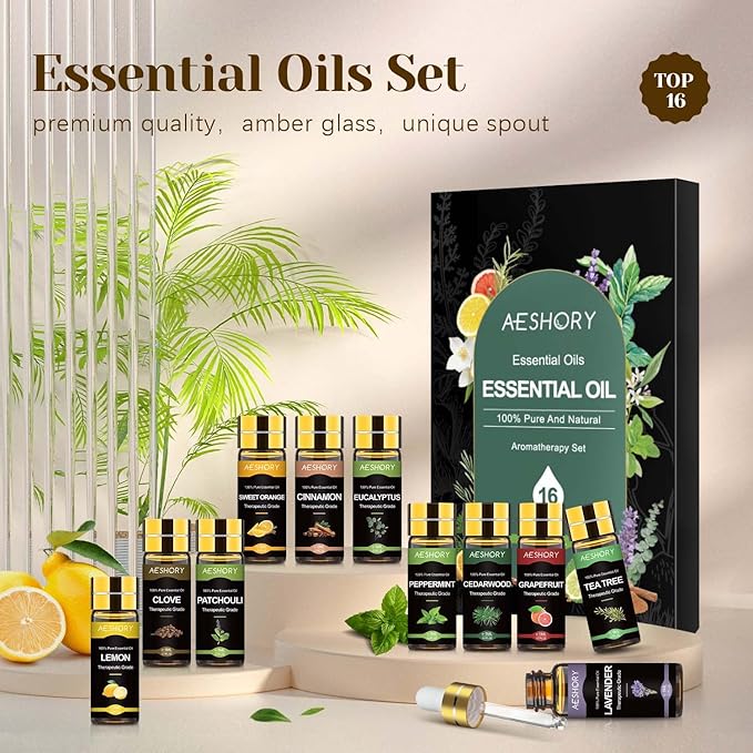 Essential Oils Set - 16 Pcs Aromatherapy Essential Oils for Diffuser, Humidifiers, Skin Care, Massage, Scent for DIY Candle and Soap Making 0.17oz (5ML)