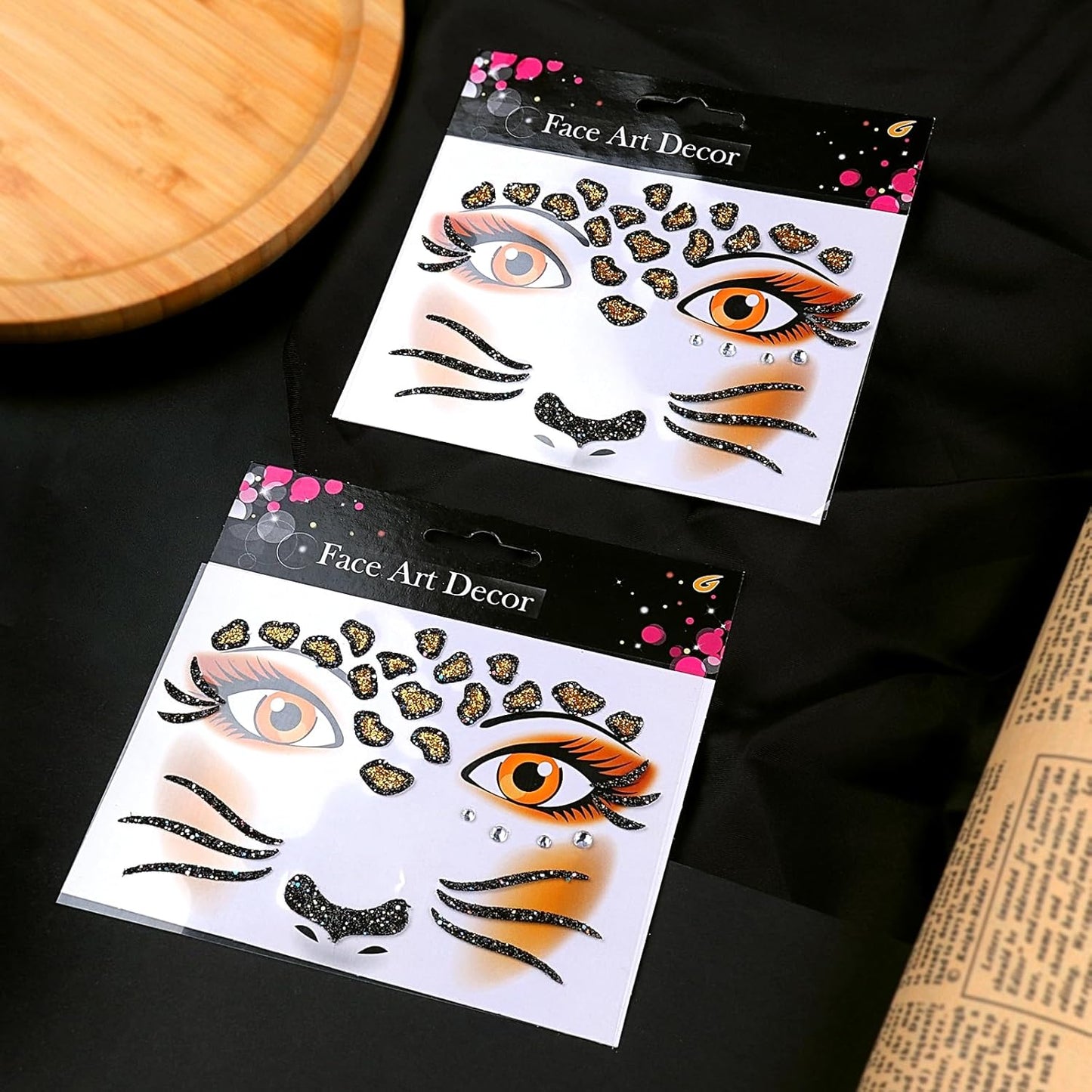 Face Stickers Gems Halloween Temporary Tattoo Sticker Animals Face Sticker Decal Body Face Self-adhesive Sticker Stage Makeup Party Cosplay Decoration 2pcs (cheetah)