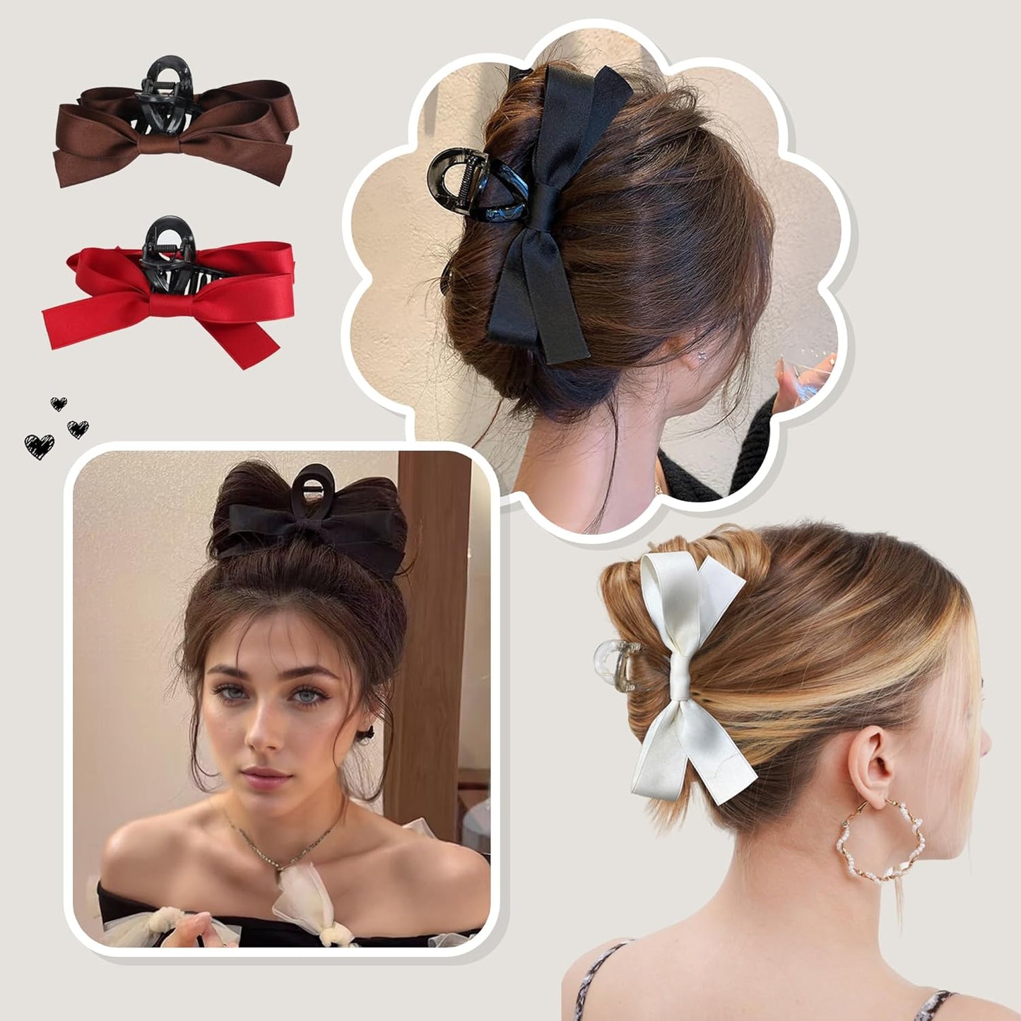 FAELBATY Silky Satin Hair Claw Clips with Big Bows - Non-Slip Claw Clips for Thin or Thick Hair, Gift Set for Women and Girls, Wedding Bridesmaids - 4 PCS