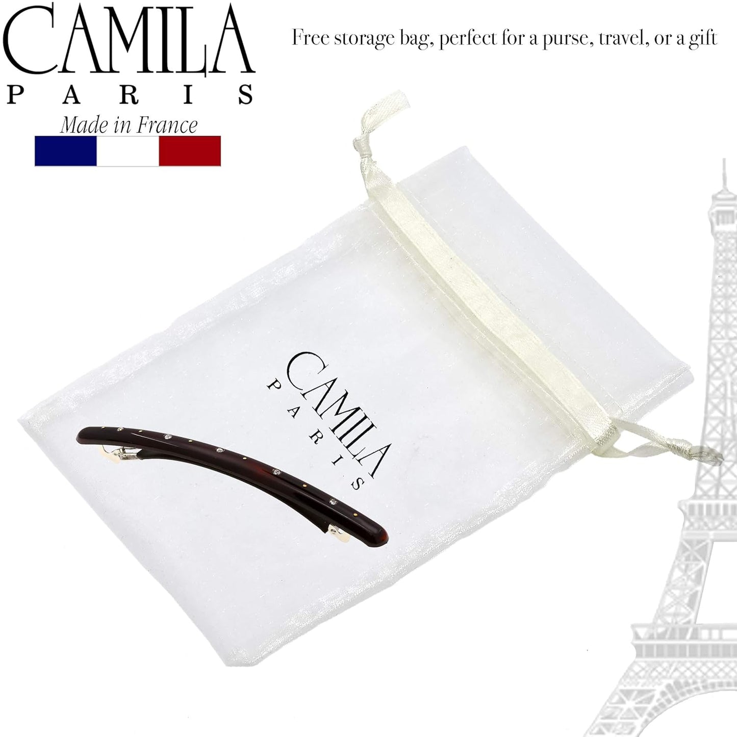 Camila Paris CP2849 French Hair Barrette Large Tortoise Shell, Long Skinny Strong Hold Grip Hair Clips for Women, Thin Rubberized Automatic Clasp No Slip Styling Girls Hair Accessories, Made in France