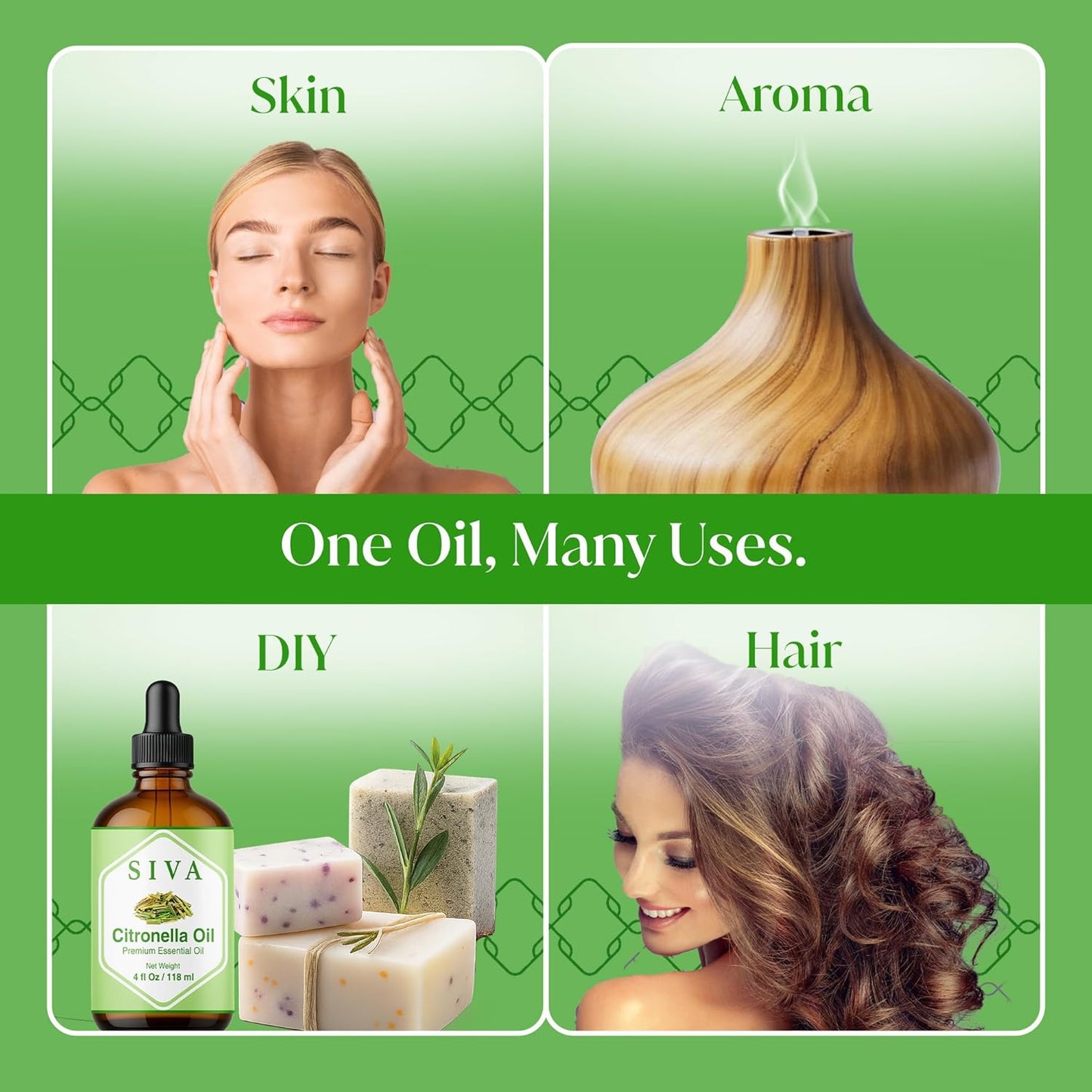 Siva Citronella Essential Oil - 4 Fl Oz – 100% Natural Citronella Oil - for Diffuser, Face, Skin Care, Aromatherapy, Hair Care, Scalp and Body Massage - with Dropper