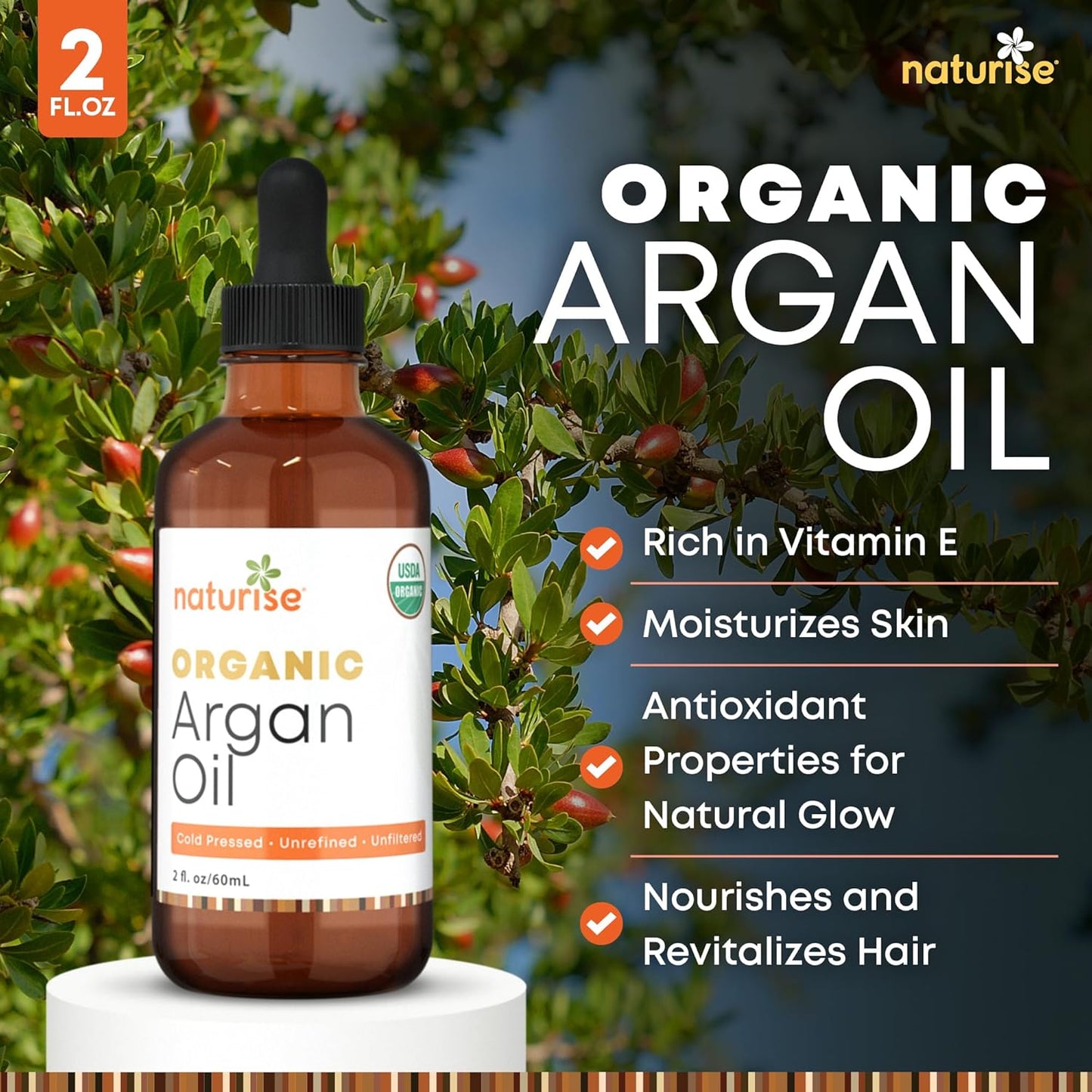 Organic Argan Oil for Hair & Skin – Cold Pressed, Unrefined, Pure Argan Oil of Morocco for Face Skin Moisture & Hair Growth – Non-GMO, Gluten Free Oils with Vitamins & Fatty Acids (2 fl. oz.)