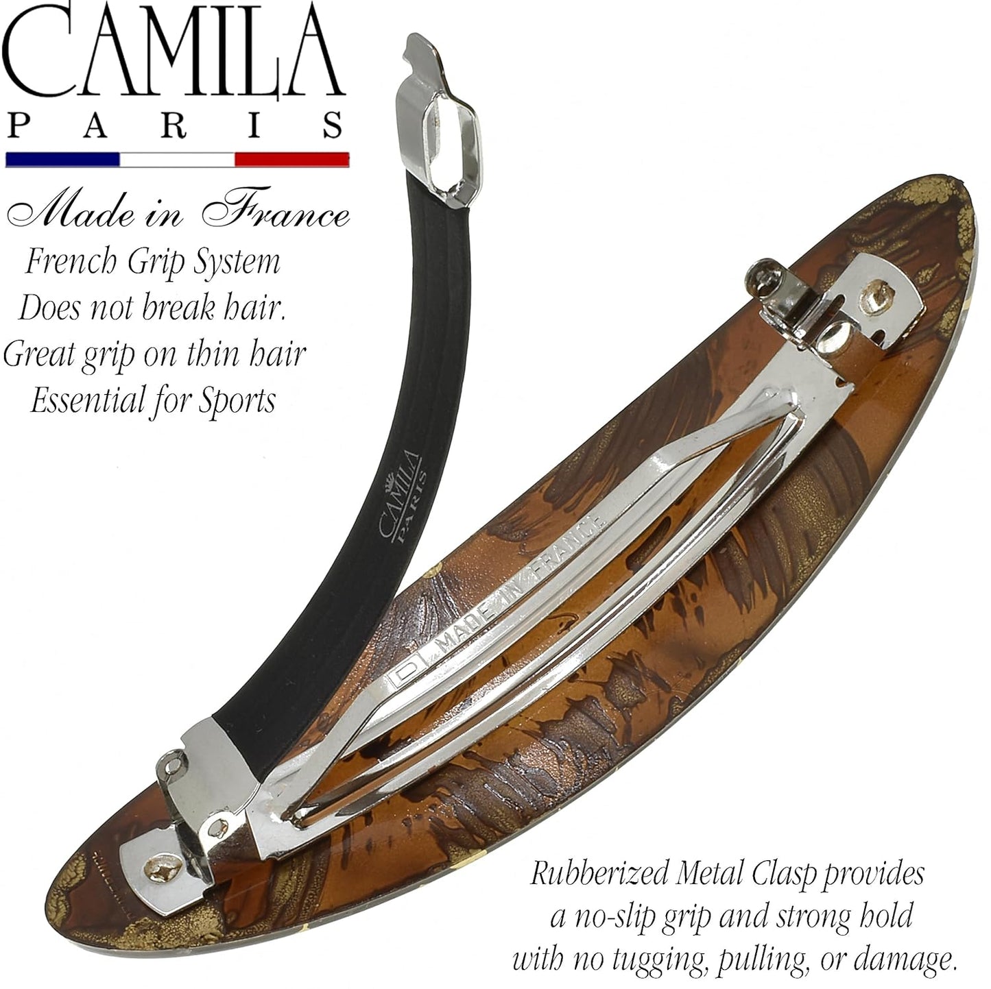 Camila Paris CP3872 French Hair Barrette Clip Oval Ligth Brown and Gold, Strong Hold Grip Hair Clips for Women, No Slip Rubberized Metal Closure, Durable Styling Girls Hair Accessories, Made in France