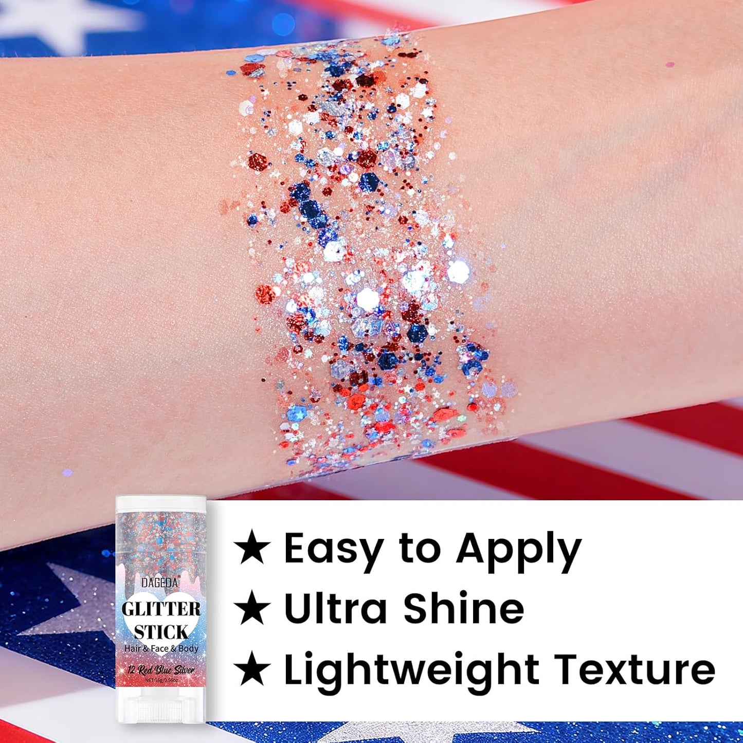 DAGEDA Red White and Blue Body Glitter Stick, Sparkly Face Glitter Makeup, 4th of July Outfits Accessories for Women, Shimmer Face Paint Stick, Fourth of July Independence Day Costumes Accessories
