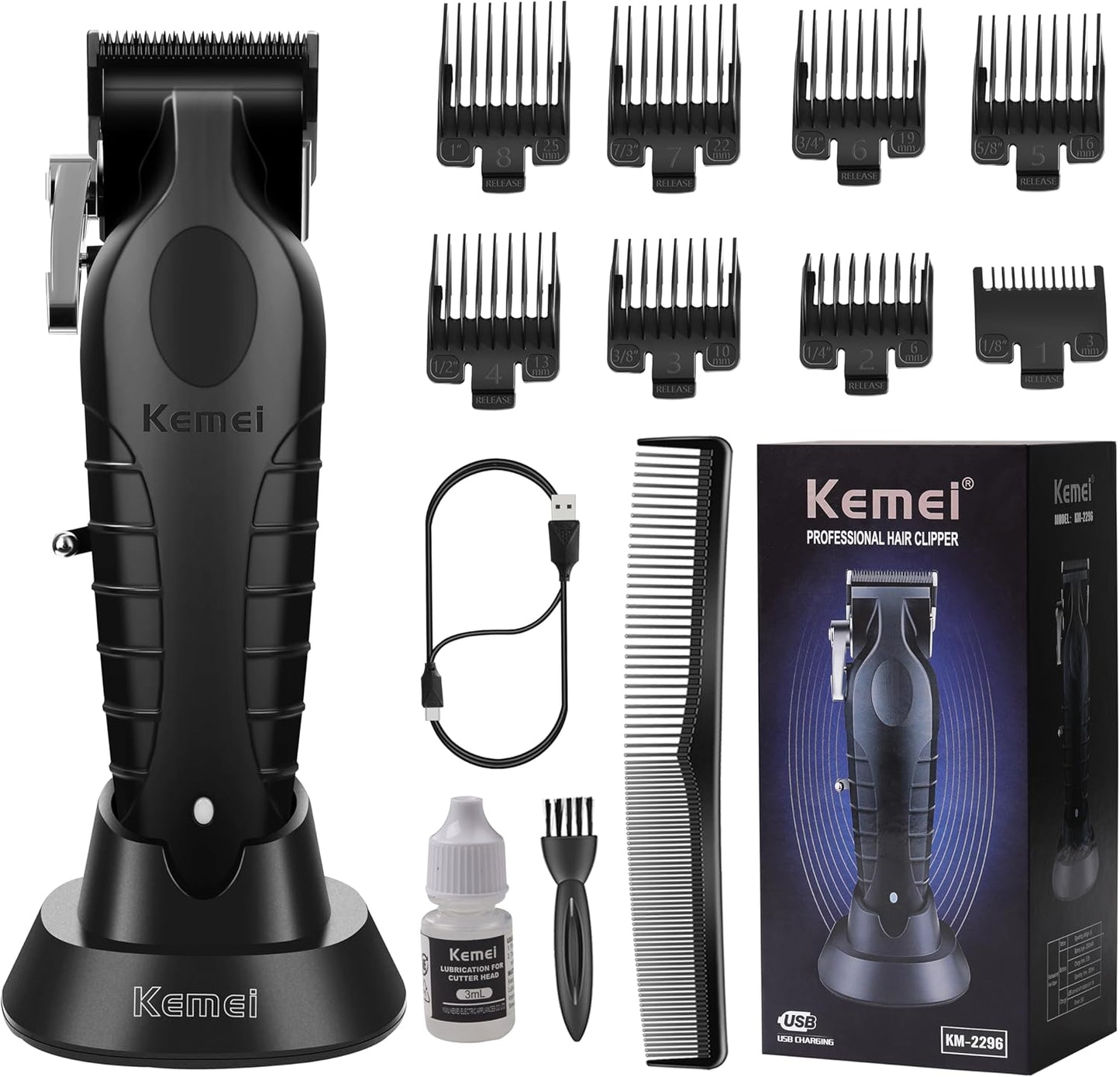 KEMEI 2296 Professional Hair Clippers for Men Cord/Cordless Hair Cutting Kits, Hair & Beard Trimmer, T Blade Barber Clipper with USB Rechargeable, Black