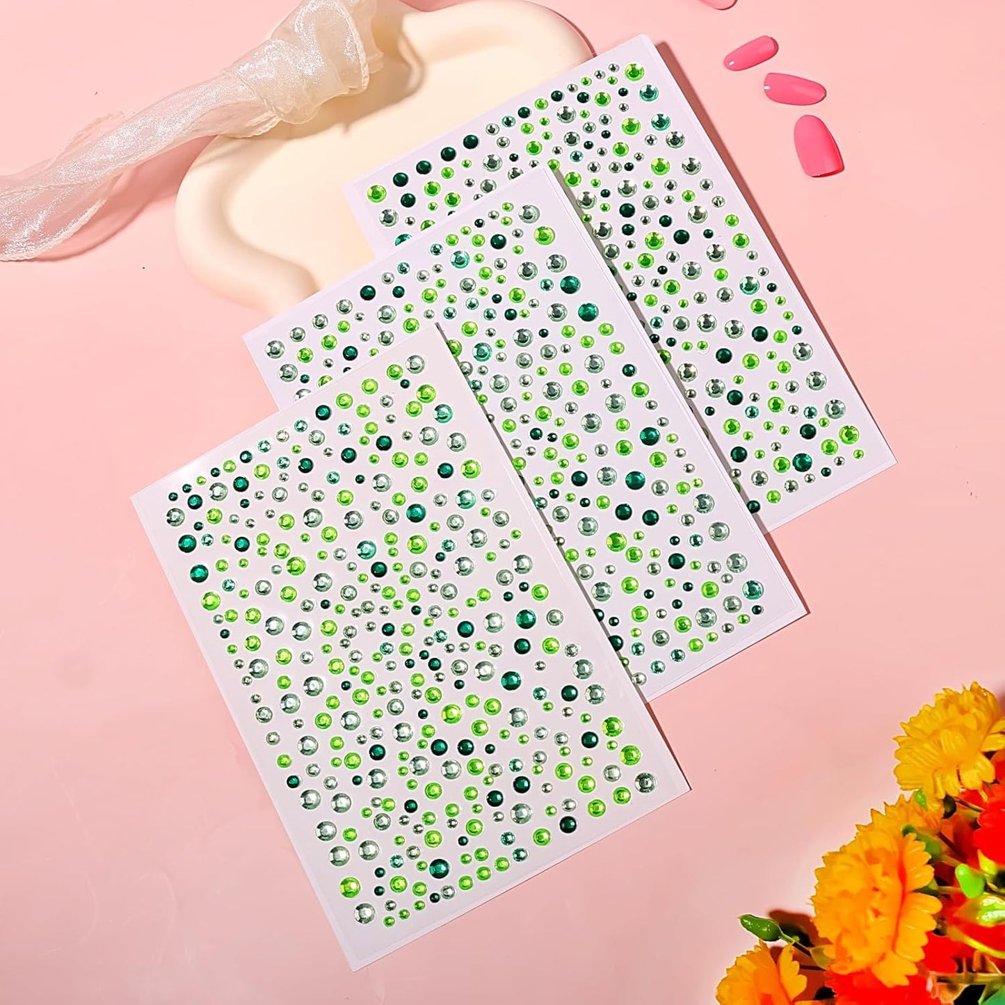 Self Adhesive Face Gems and Pearls for Makeup, Festival Jewels, Hair Gems, Rhinestone Stickers for Face, Eye, Makeup, Nail, Body, Crafts 3/4/5/6 mm 975Pcs (10.gem_mixedgreen)