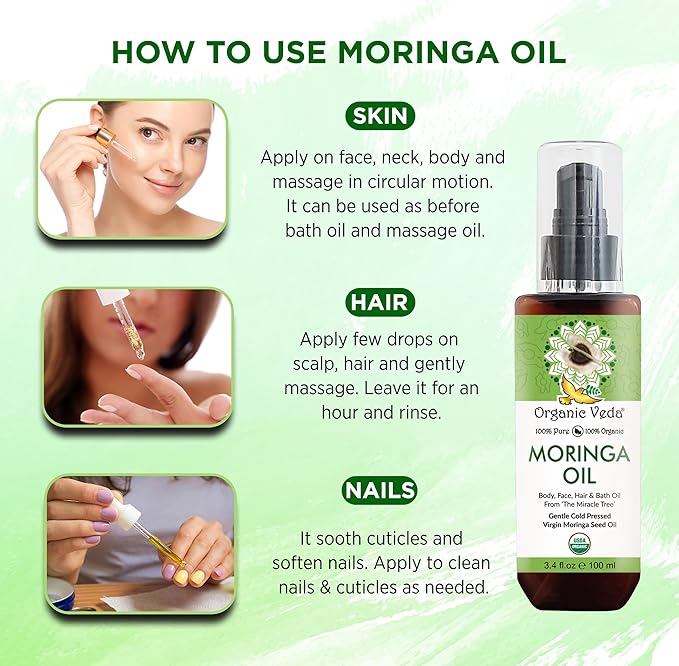 Organic Veda Moringa Oil Virgin 100% Pure & USDA Organic - Multi Purpose, Face, Hair & Skin, Nails, Fast Absorbing, Moisturizing & Beautifying - The Miracle Tree Moringa Oleifera Seed Oil, 3.4 fl.oz