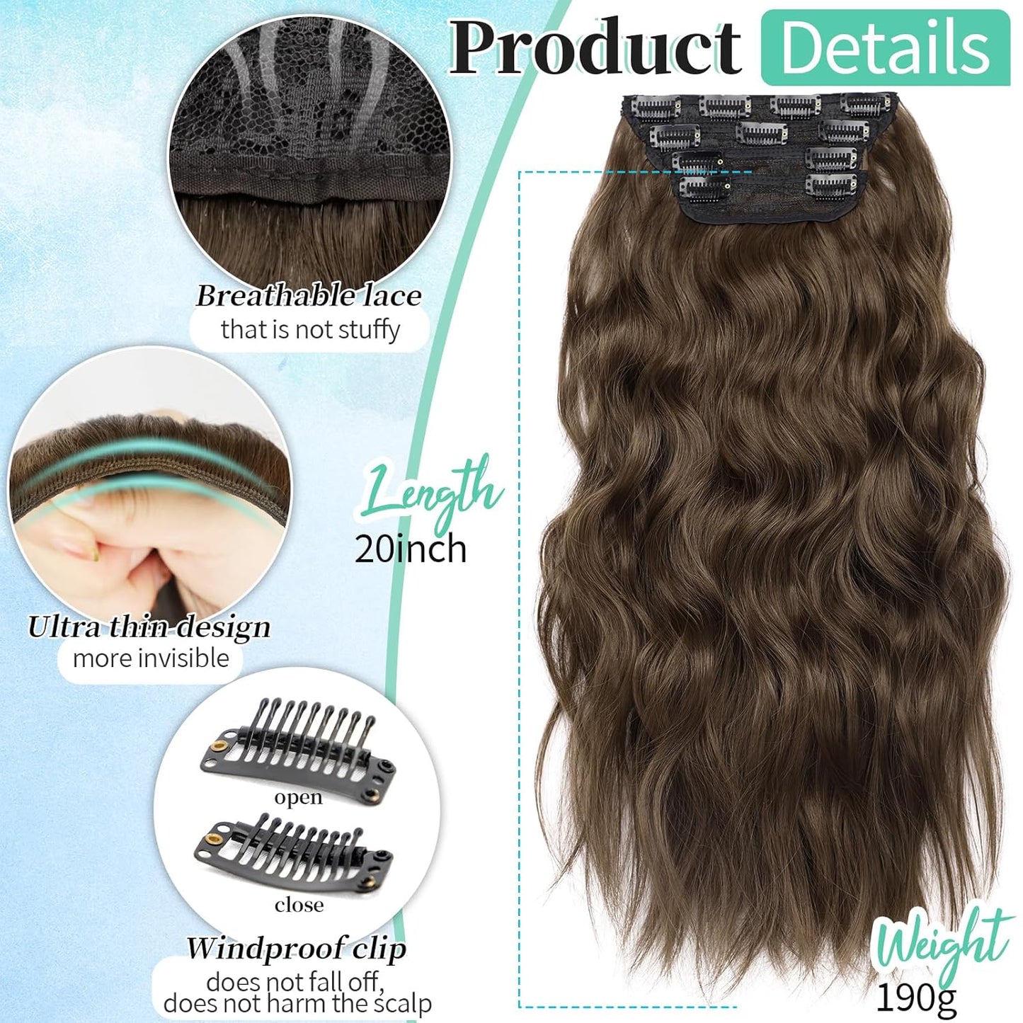 KooKaStyle Clip in Hair Extensions 4PCS Long Wavy Medium Brown Thick Hairpieces for Women Weft Natural Synthetic 20 Inch Daily Use