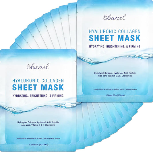 Ebanel 20 Pack Collagen Face Mask with Hyaluronic Acid, Vitamin C, Peptide, Aloe, Instant Brightening Hydrating Face Masks Skincare Korean Sheet Mask, Skin Firming, Lifting Anti Aging Facial Masks