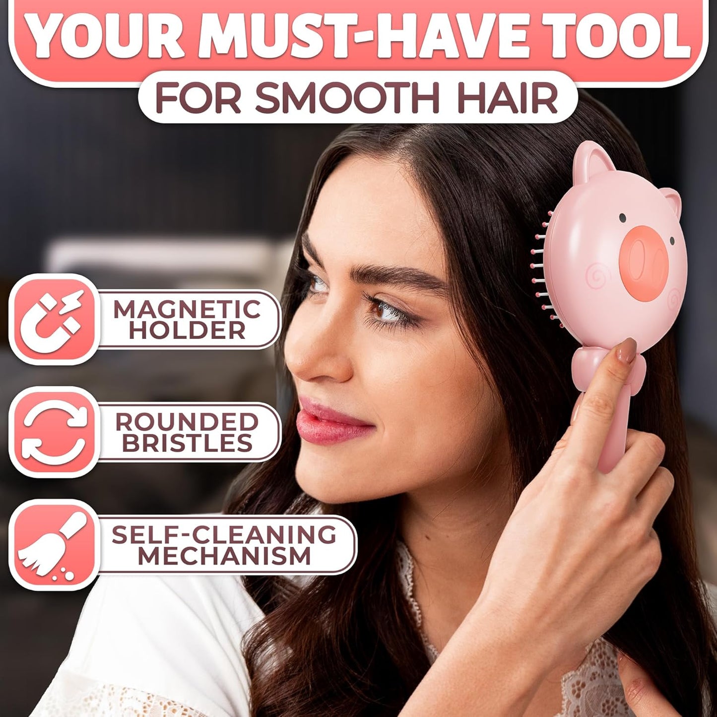Retractable Hair Brush Pink Pig Designed - Compact 7.87 х 3.66 Inches Self Cleaning Hair Brush for Women with Magnetic Attach - Effective Detangling & Self Cleaning Hairbrushes with Soft Bristles