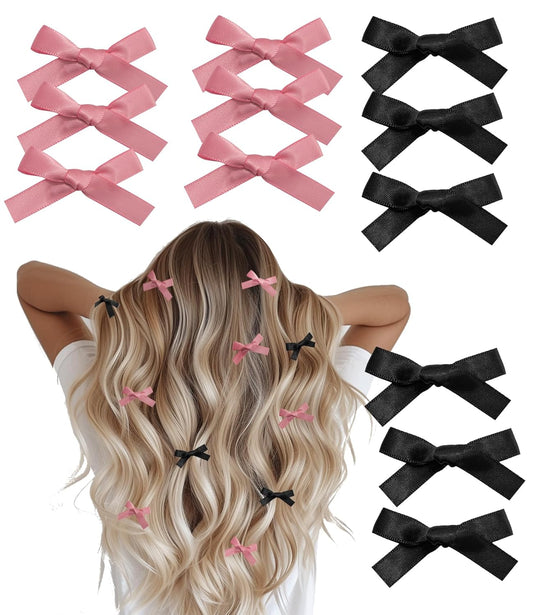 12 PCS Small Hair Ribbon Bow Clips for Women, Girls, Teens, Toddlers, Pink Black Coquette Barette Hair Clips Accessories