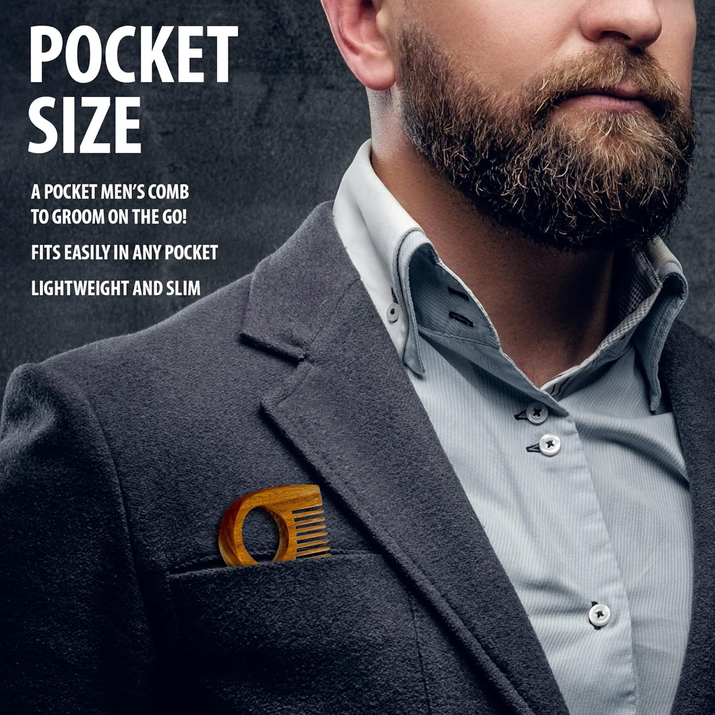 Wooden Hair Comb for Men - Premium Quality Anti-Static Sandalwood and Eco-Leather Pocket - Small Giftable Craft Box