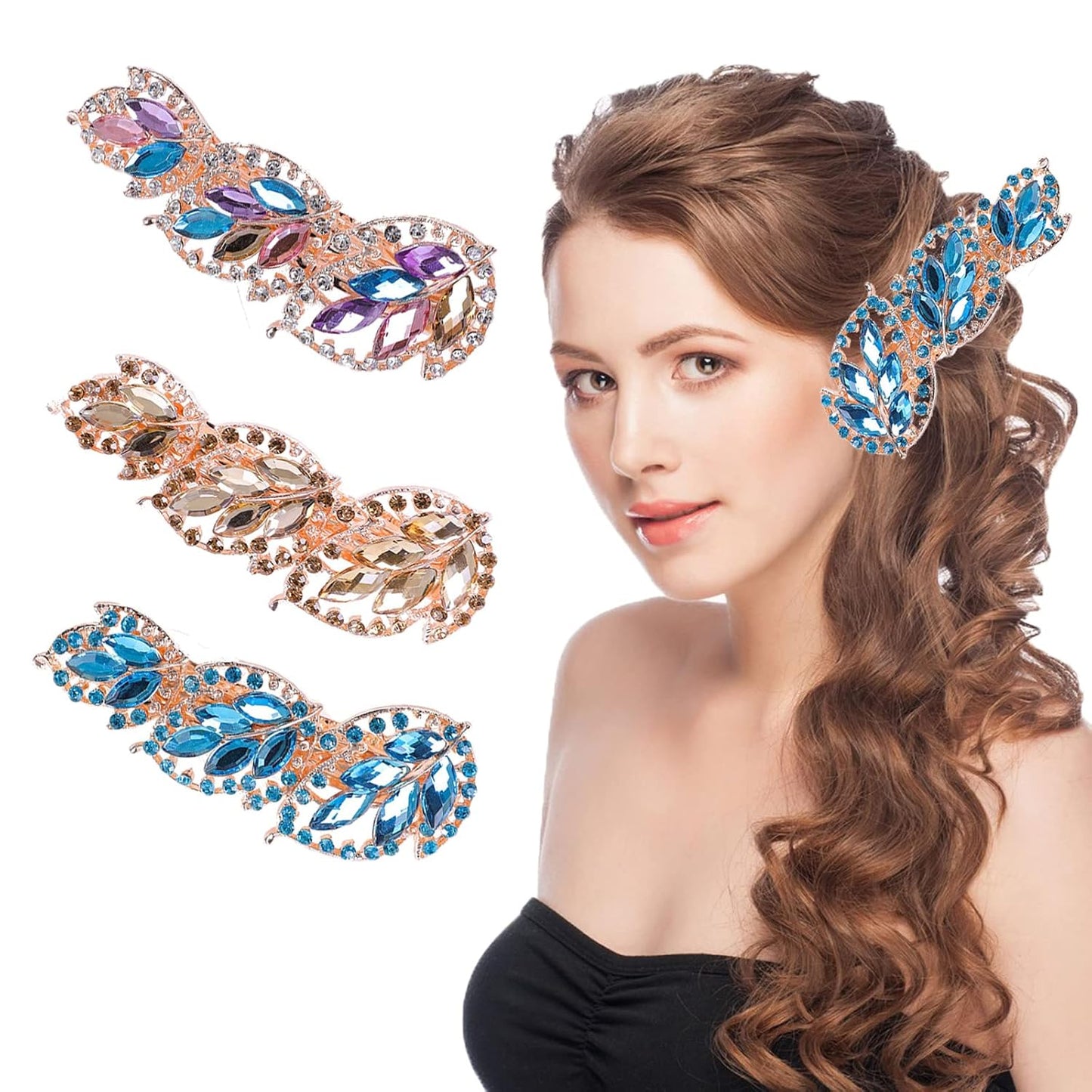 Women Barrettes for Hair 3 Pieces Rhinestones Hair Clips Barettes Bridal Wedding Hair Accessory Hairpin 8cm, 2-tl Multicolor