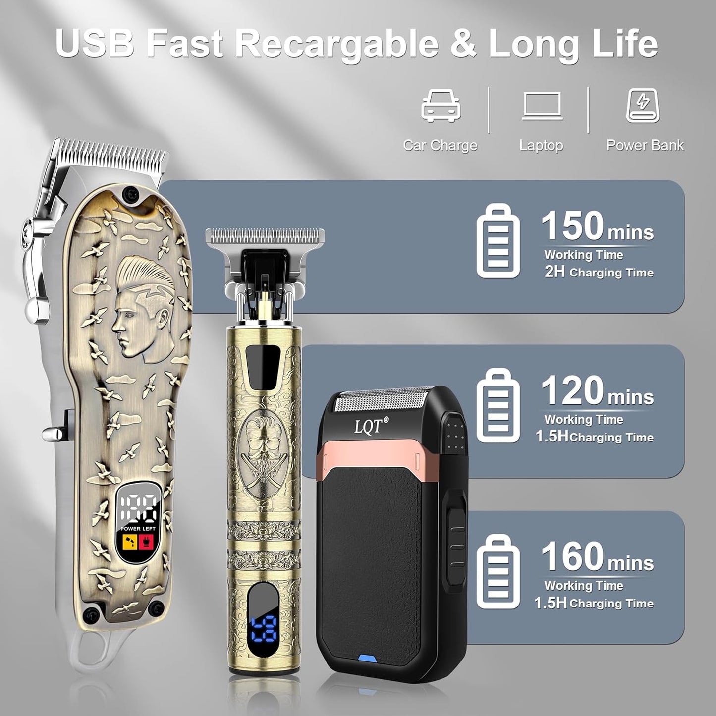 Professional Hair Clippers Set for Men, Cordless Rechargeable Barber Trimmers for Hair Cutting, Electric Shavers, LED Display, Grooming Kit for Head, Face, Body, Gifts for Men Husband & Father