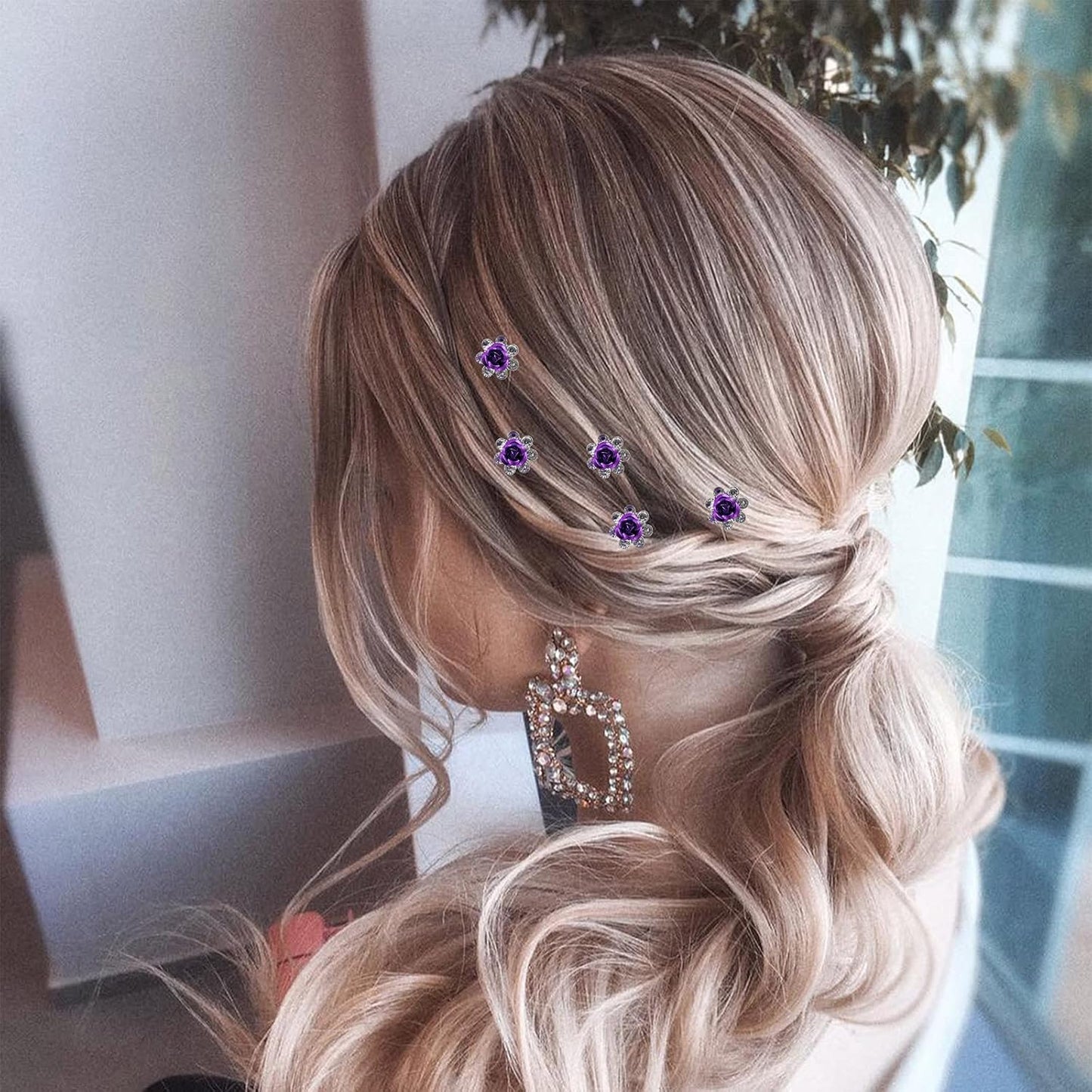 20 Pack (Purple) Crystal Hair Pins Rose Flower Rhinestone Hair Clips for Bridal Wedding Women Hair Jewelry Accessories, with Clear Container