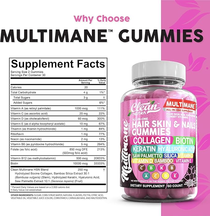 Clean Nutraceuticals Biotin Collagen Keratin Gummies | Hair Skin and Nails Vitamins for Women | Hyaluronic Acid Bamboo Vitamin A C D3 E Folate With Saw Palmetto Silica B3 B12 Vegan Gummy