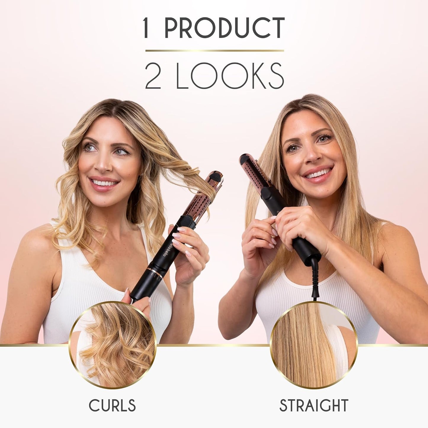 ELLA BELLA® Hair Straightener and Air Curler 2 in 1 • Titanium Flat Iron Curling Iron in One • Cooling Air Vents to Effortlessly Lock in Style • Multiple Looks, Professional Salon Results