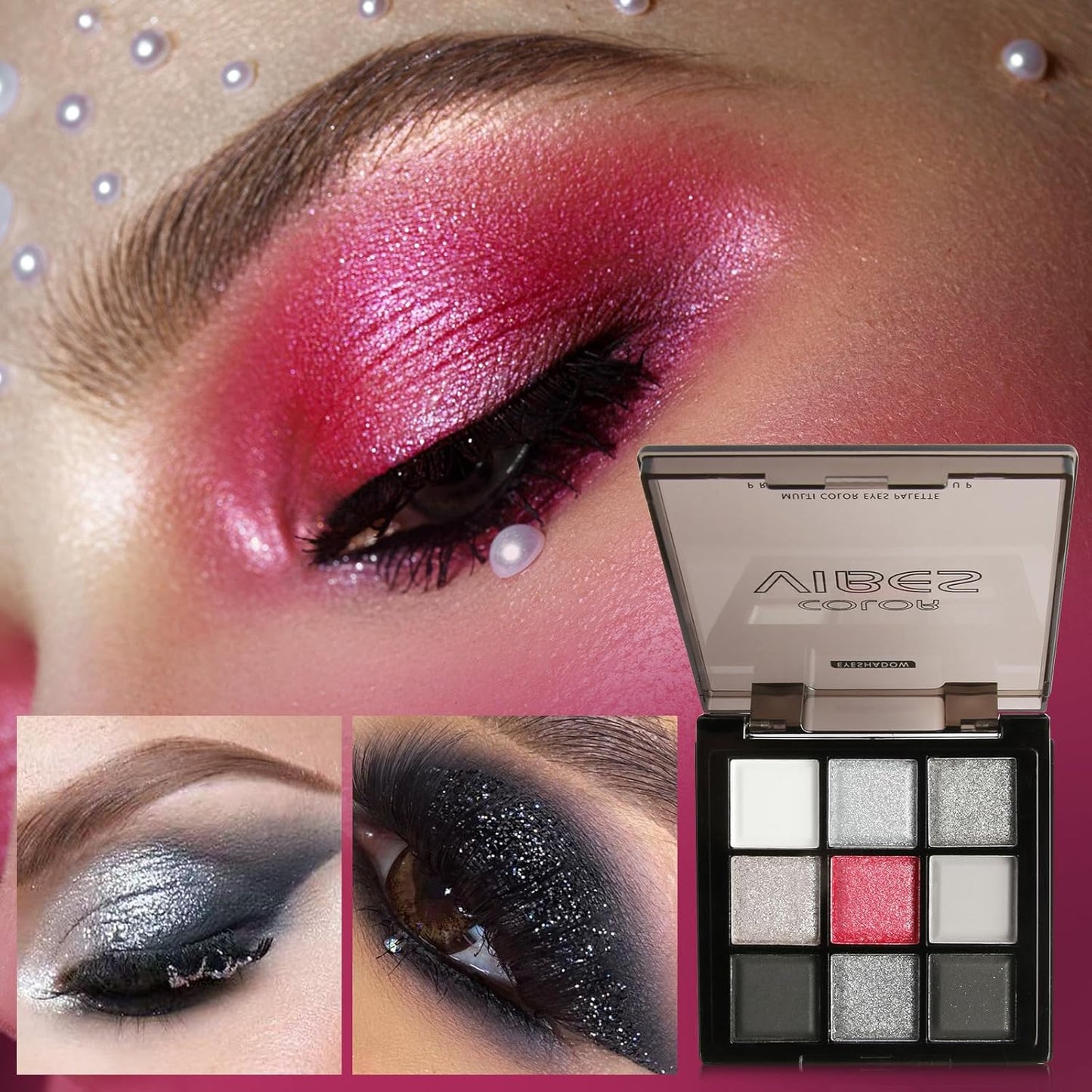 9 Colors Smoky Eyeshadow Palette – Silver, Black, Gray & Red Eyeshadow for Bold Eye Looks, Highly Pigmented Glitter & Matte Shades, 24-Hour Long-Lasting Waterproof Formula, Easy to Blend Eye Makeup