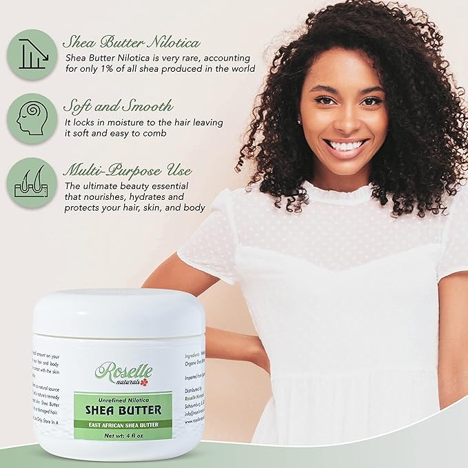 Roselle Naturals African Shea Butter - All Natural Nilotica Shea Butter Raw Organic, Unrefined Pure and Creamy White Shea Nilotica for Skin, Face, Hair and Body, 4 oz