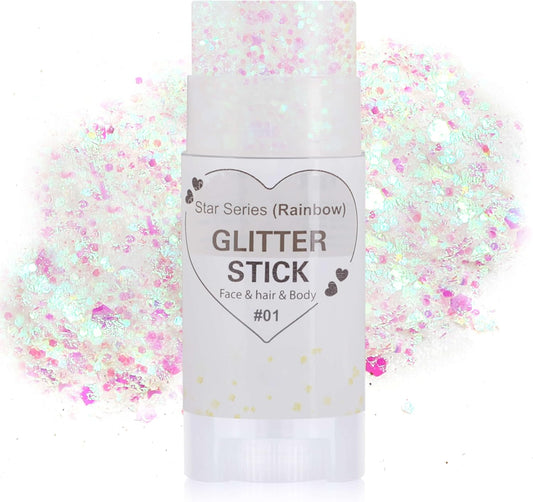 Rainbow White Hair Glitter Stick,Mermaid Costume Body Face Glitter, Singer Concert Halloween Star Glitter Makeup for Kids and Women,Waterproof Rave Accessories Sequins Body Paint