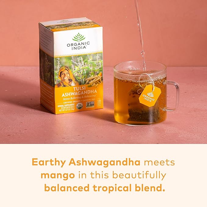 ORGANIC INDIA Calming Tulsi Ashwagandha Tea - Organic Tea Bags, Holy Basil Tea, Vegan, USDA Certified Organic, Non-GMO, Caffeine Free Tea - 18 Infusion Bags, 1 Pack