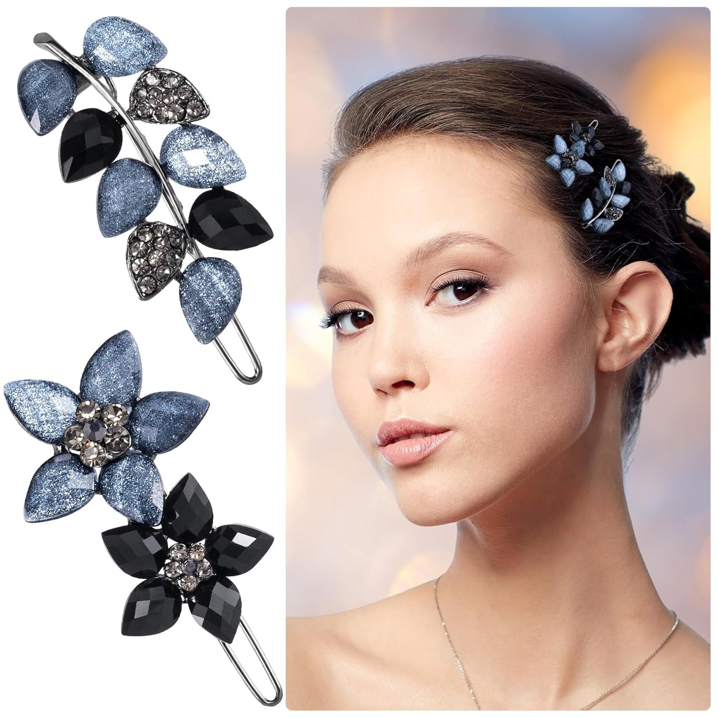 Joez Wonderful 2 Pcs Vintage Rhinestone Hair Clips, Fancy Ink-Blue & Black Hair Barrettes, Decorative Flower Hair Clips, Formal Hair Accessories for Wedding, Women, Bride (1.8 Inch)