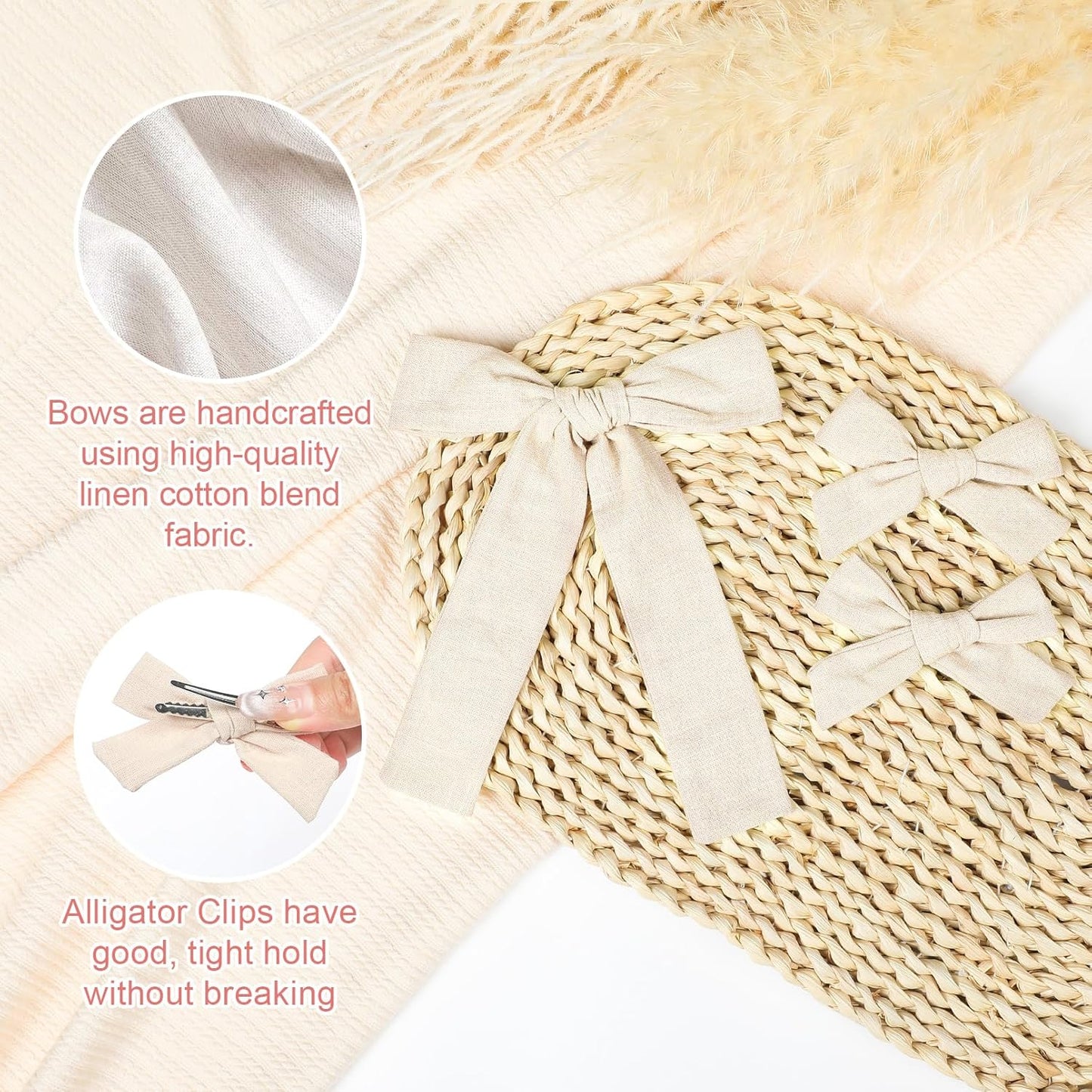 DEEKA Beige Cotton Linen Hair Bows 2 Sizes 5"&3.5" Soft Hair Bow set for Toddler Girls Long Ponytail Knot Bows Alligator Clip Hair Accessories for Little School Girls (Beige)
