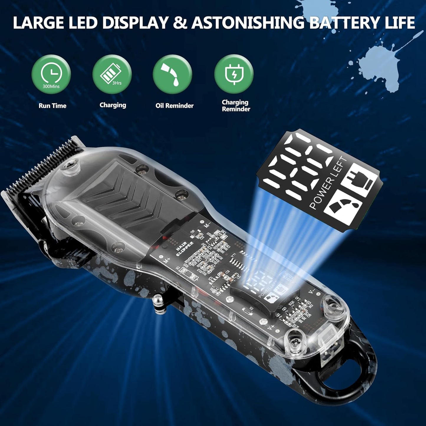 Professional Hair Clippers for Men, Cordless Barber kit for Hair Cutting & Grooming, Black Hair Clippers Set for Barber Haircut with LED Display 8 Fade Taper Combs