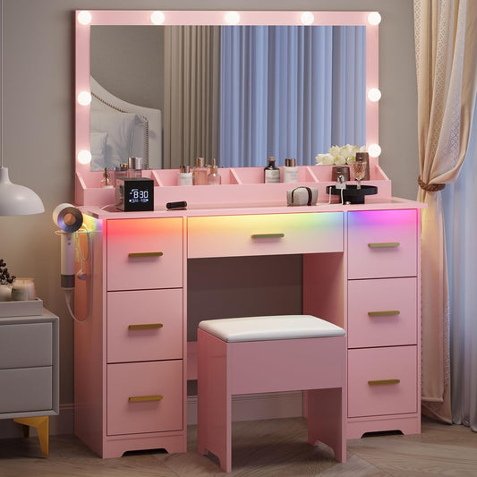 Makeup Vanity with Large Lighted Mirror and Chair, 7 Drawers Vanity Makeup Desk Table with Power Strip, Adjustable Lighting, and Cushioned Storage Stool for Women, Girls