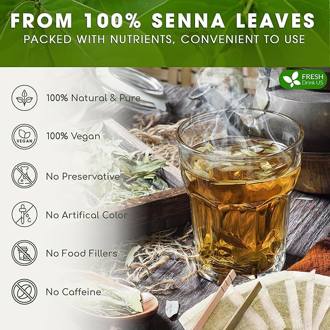 FreshDrinkUS, Premium 75 Senna Leaf Tea Bags, 100% Natural & Pure from Senna Leaves. Loose Leaf Senna Herbal Tea, Made with Natural Material Tea Bags. No Sugar, No Caffeine, No Gluten, Vegan.