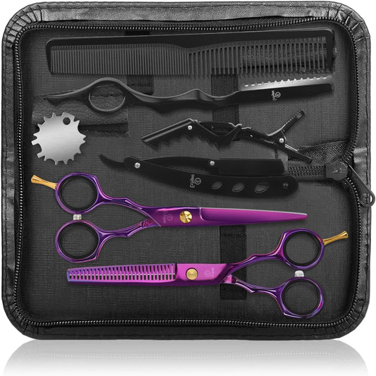 Professional Hair Cutting Scissors - 9 PCS Haircut Scissors Set with 29-Tooth Thinning Shears and Straight Shears for Men Women Home Salon Barber (6.5", Purple)