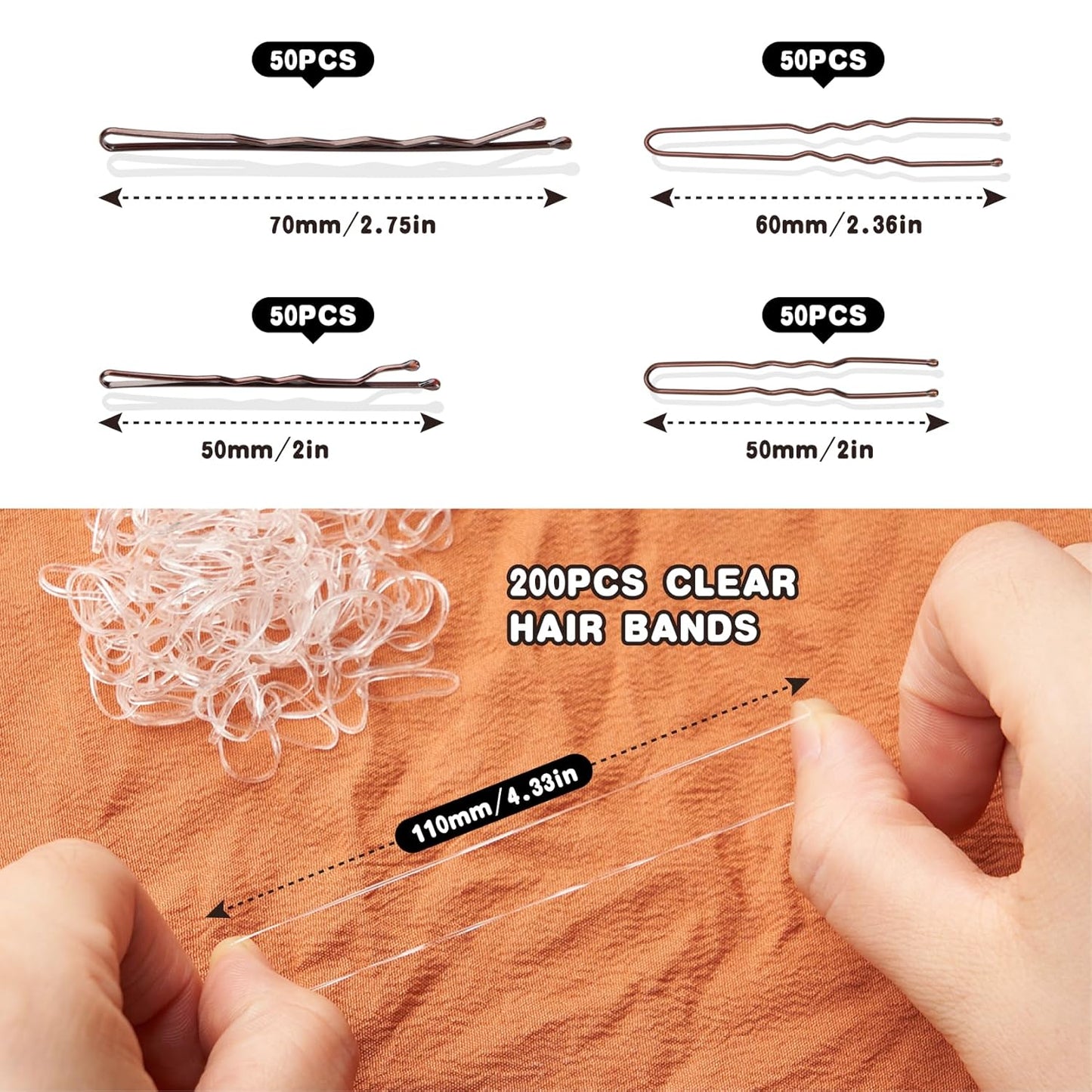 400 PCS Bobby Pins Hair Pins Kit - 100 Brown, 100 U Shape, 200 Hair Bands for Women Girls, Non-Slip Metal Pins, Strong Hold Hair Accessories for Daily Styling and Updos