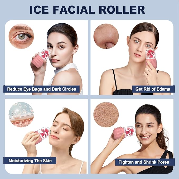 2 Pack Ice Roller for Face and Eye, Skin Care for Shrink Pores Reduce Puffiness, Nursing Tool for Fever, Redness and Swelling, Ice Cube, Ice Mold, Ice Stick, Ice Holder for Face Women Men Pink-Purple