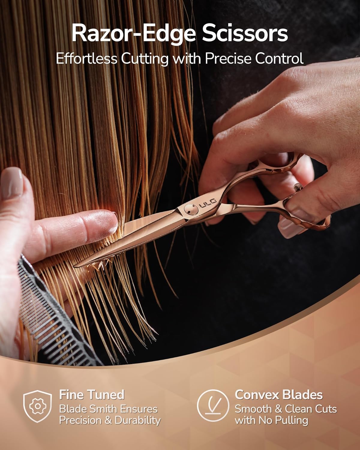 ULG Professional Hair Cutting Scissors with Luxury 18K Rose Gold Finish 6.5" Barber Scissors 440C Japanese Stainless Steel Hand-Honed Razor Sharp Blades Offset Handles Tension Adjustable, Right-Handed