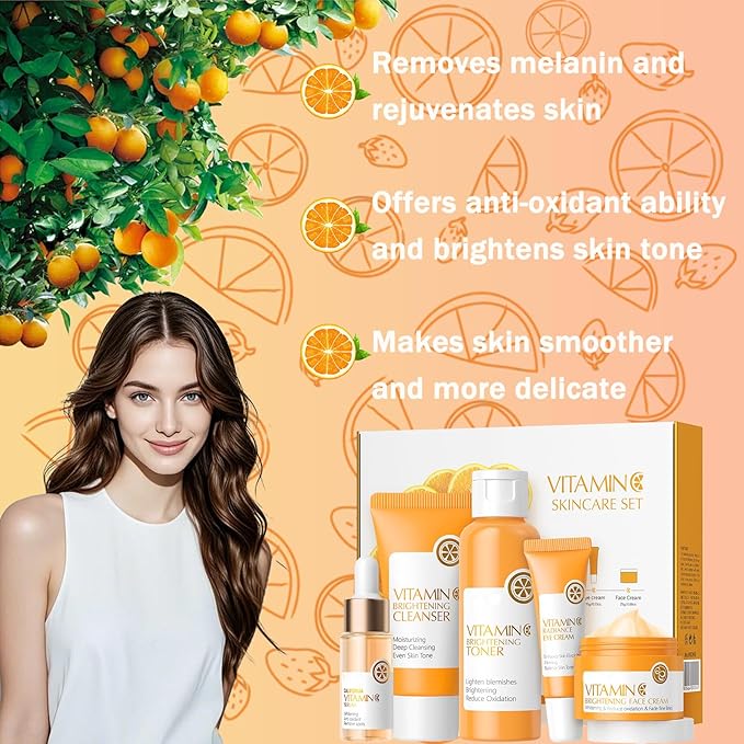 Vitamin C Skincare Set, 5Pcs Skin Care Sets for Women, Facial Kit, Vitamin C Face Skin Care Kit With Cleanser, Toner, Face Serum, Eye Cream, Cream, Long-Lasting Moisturizing Skincare Set