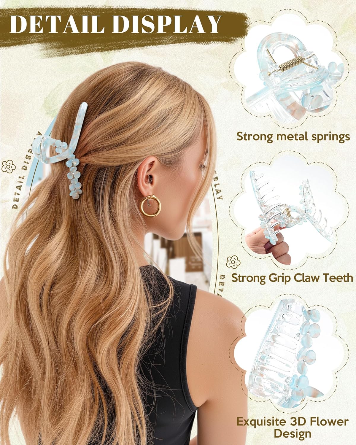 HOKEMP Large Hair Claw Clips for Women, 2 Pack Mermaid Acrylic 3D Flower Claw Clips for Thin & Thick Hair Styling Hair Accessories (Smoky Blue + Pink)