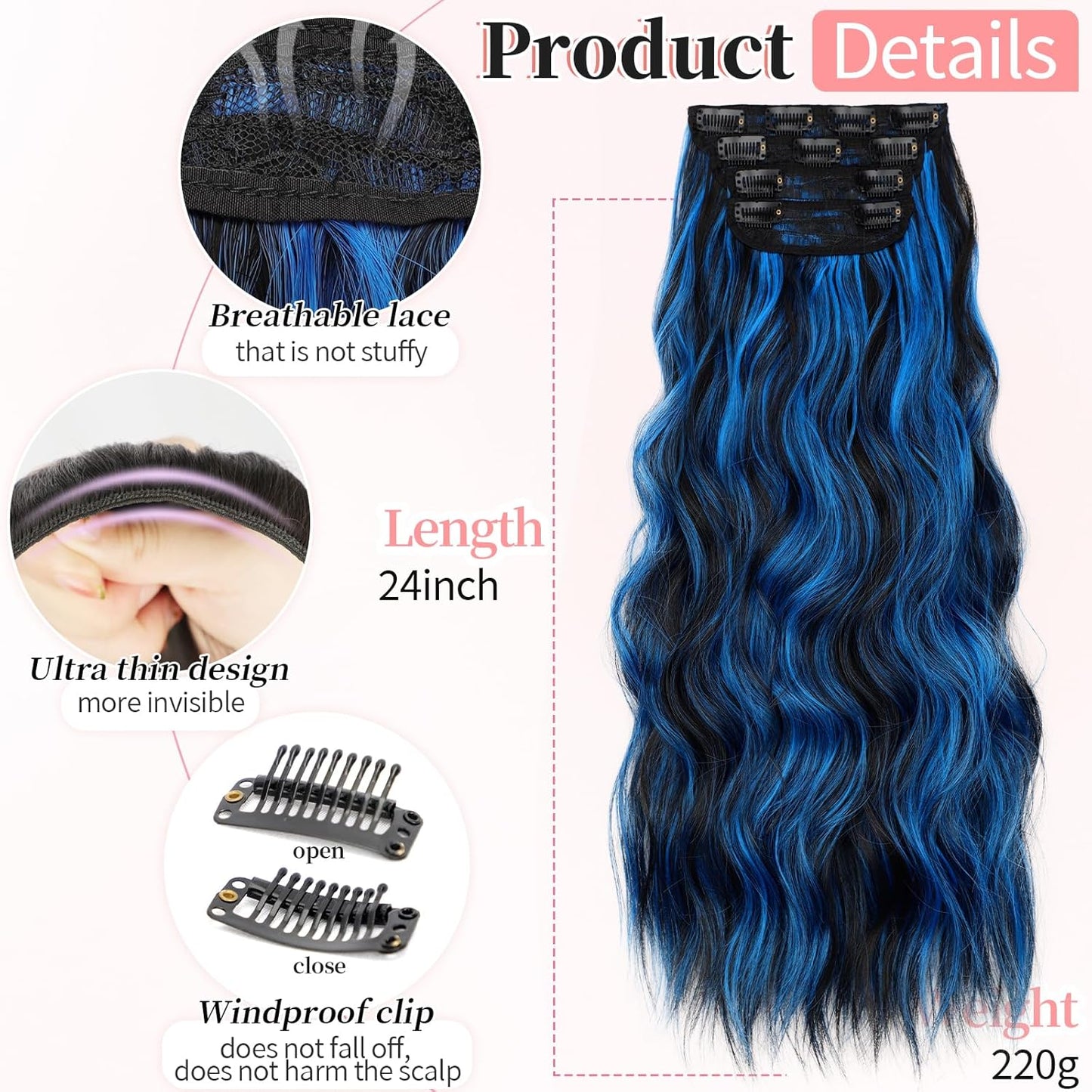 KooKaStyle Clip in Long Wavy Synthetic Hair Extension 24 Inch Blue - Black Streak 4PCS Thick Hairpieces Fiber Double Weft Hair for Women