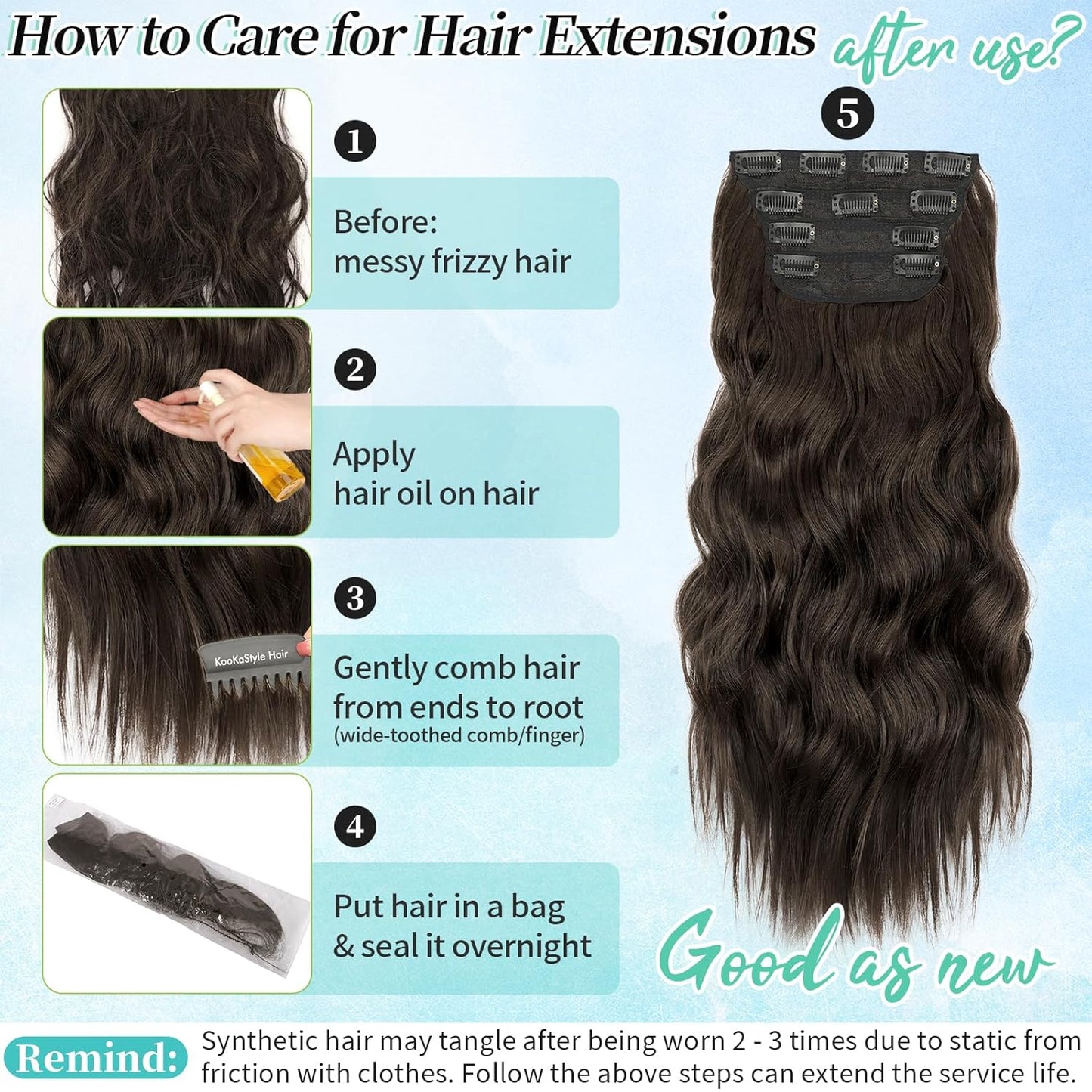 KooKaStyle Clip in Synthetic Hair Extensions Long Wavy 4PCS Thick Hairpieces Dark Chocolate Brown Fiber Double Weft Natural Hair Extensions 20 Inch for Women