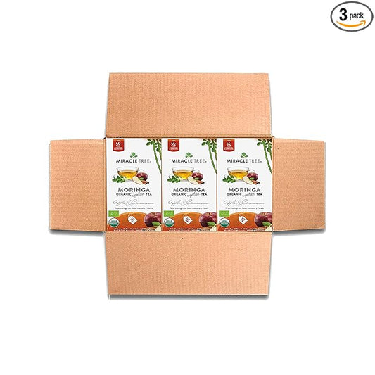 Miracle Tree - 3 Count of Organic Moringa Superfood Tea, 25 Individually Sealed Tea Bags, Apple & Cinnamon (Keto, Detox, Energy/Immunity Booster, Vegan, Gluten-Free, Organic, Non-GMO, Caffeine-Free)