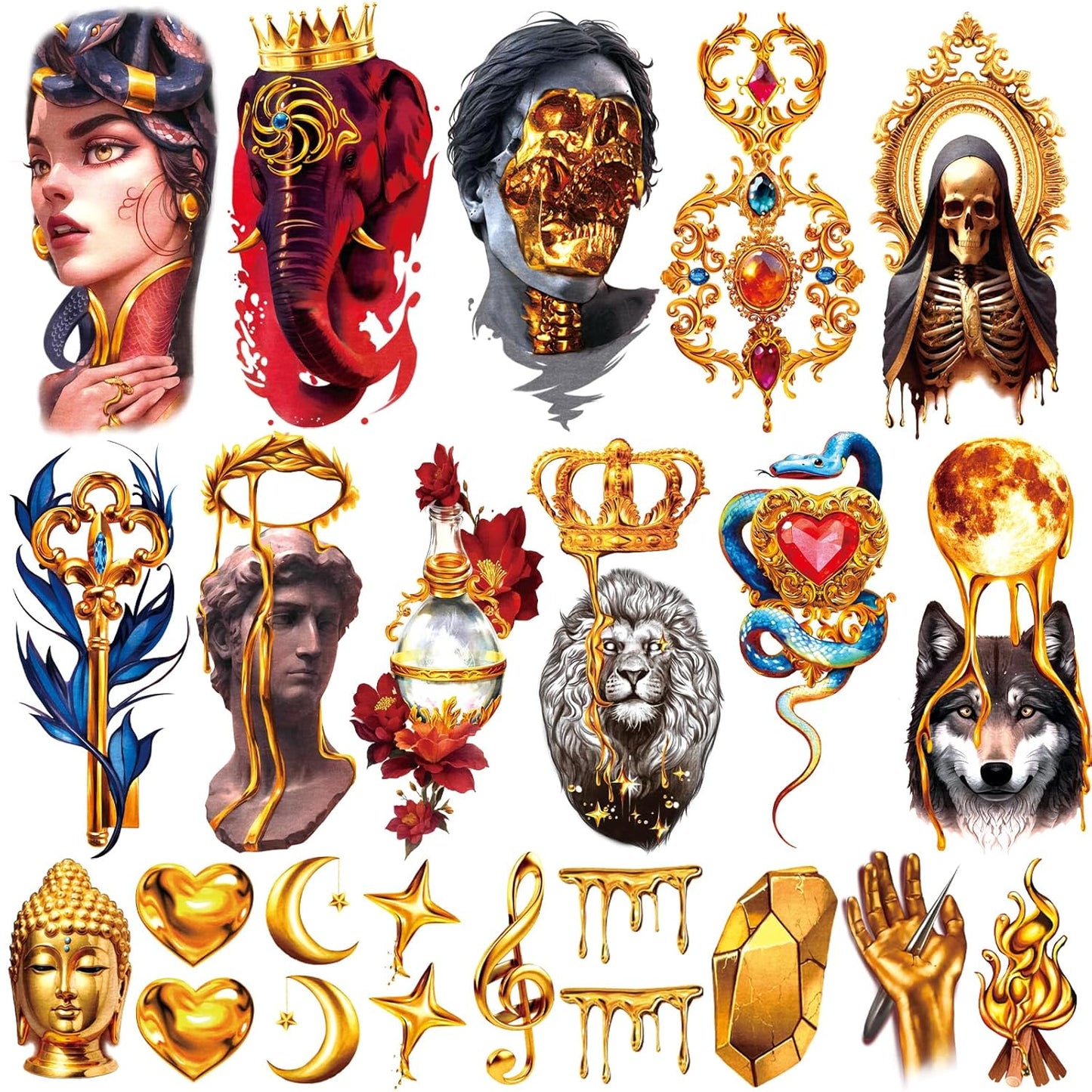 77 Sheets Temporary Tattoo, Lion Wolf Snake Skull Elephant Fake Tattoos for Adults Neck Shoulder, Bee Angel Crown Scepter Realistic Temporary Tattoos for Men Women Girls