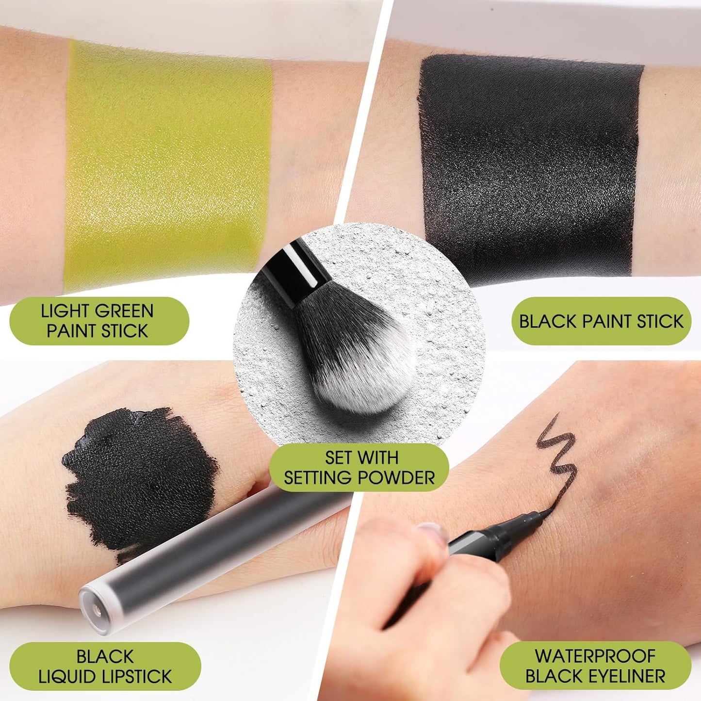 BOBISUKA Light Green & Black Face Body Paint Stick Kit with Black Lipstick & Eyeliner Pen, Setting Powder & 2 Sponges – Halloween Makeup Set for Beetle Juice, Demon, Monsters, Witches & Gothic Looks