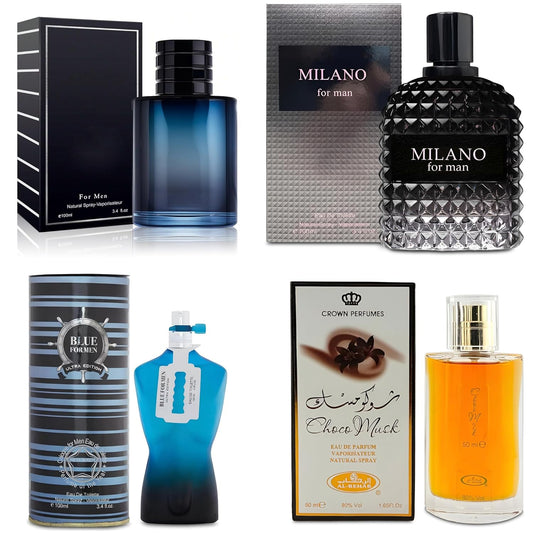 4-Piece Cologne for Men Includes Choco Musk/SE/Blue for Men Ultra/Milano Scent of Woody, Spicy, Citrus & Aromatic eau de parfum Gift Set Each 100Ml for Daily Use