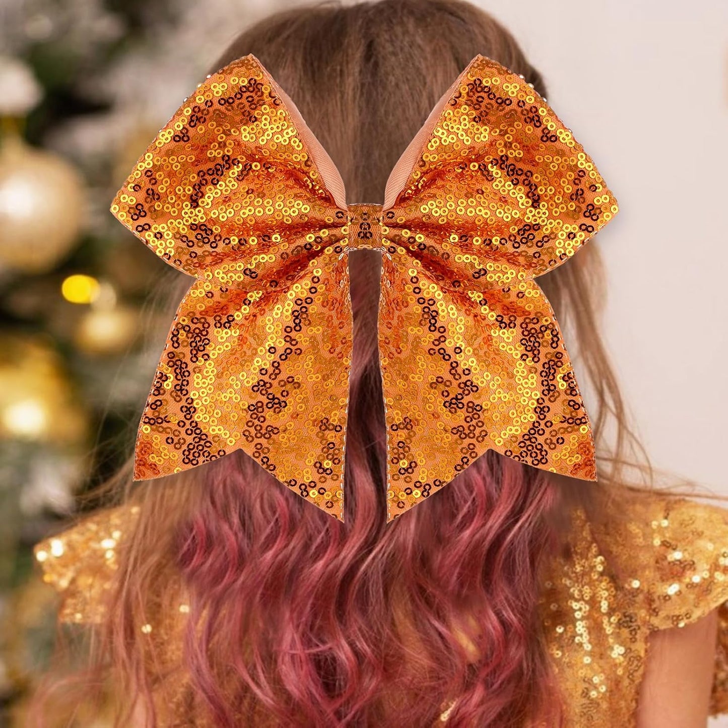 Large Glitter Cheer Bows Clips, Jumbo Big 7 Inch Cheerleading Sequin Hair Bow Hair Accessories for Teens Girls Football Sports Cheerleader Outfit Uniform (Bright Orange)