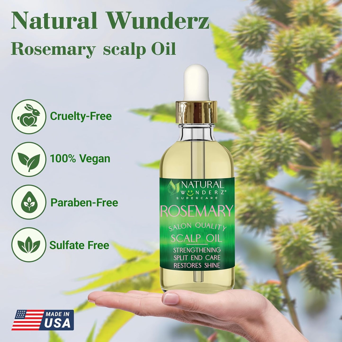 Natural Wunderz Rosemary Hair Oil, Supports Hair Growth, Thickening Serum and Strengthening Split End Case for Dry and Damaged Hair, Sulfate Free and Vegan Friendly, 4 Fl Oz