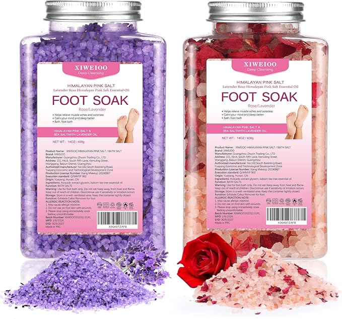 Foot Soak Kit -46 oz, Pack of 2 Natural Epsom Salt Rose, and Lavender- Essential Oils Foot Athletes Foot spa Itching,Foot Bath Salt Tea Tree Oil Foot Soak Foot Care Pedicure Feet spa Message