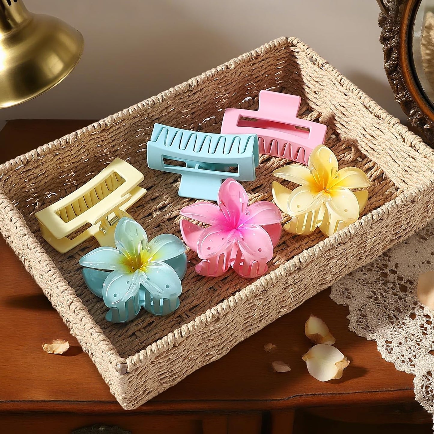 Flower Hair Clips for Women Square Claw Clips for Girls 2 Styles Hair Claw Clips for Thick or Thin Hair 6 PCS Hawaiian Hibiscus Rectangle Large Plumeria Medium Hair Accessories for Women (Pink)