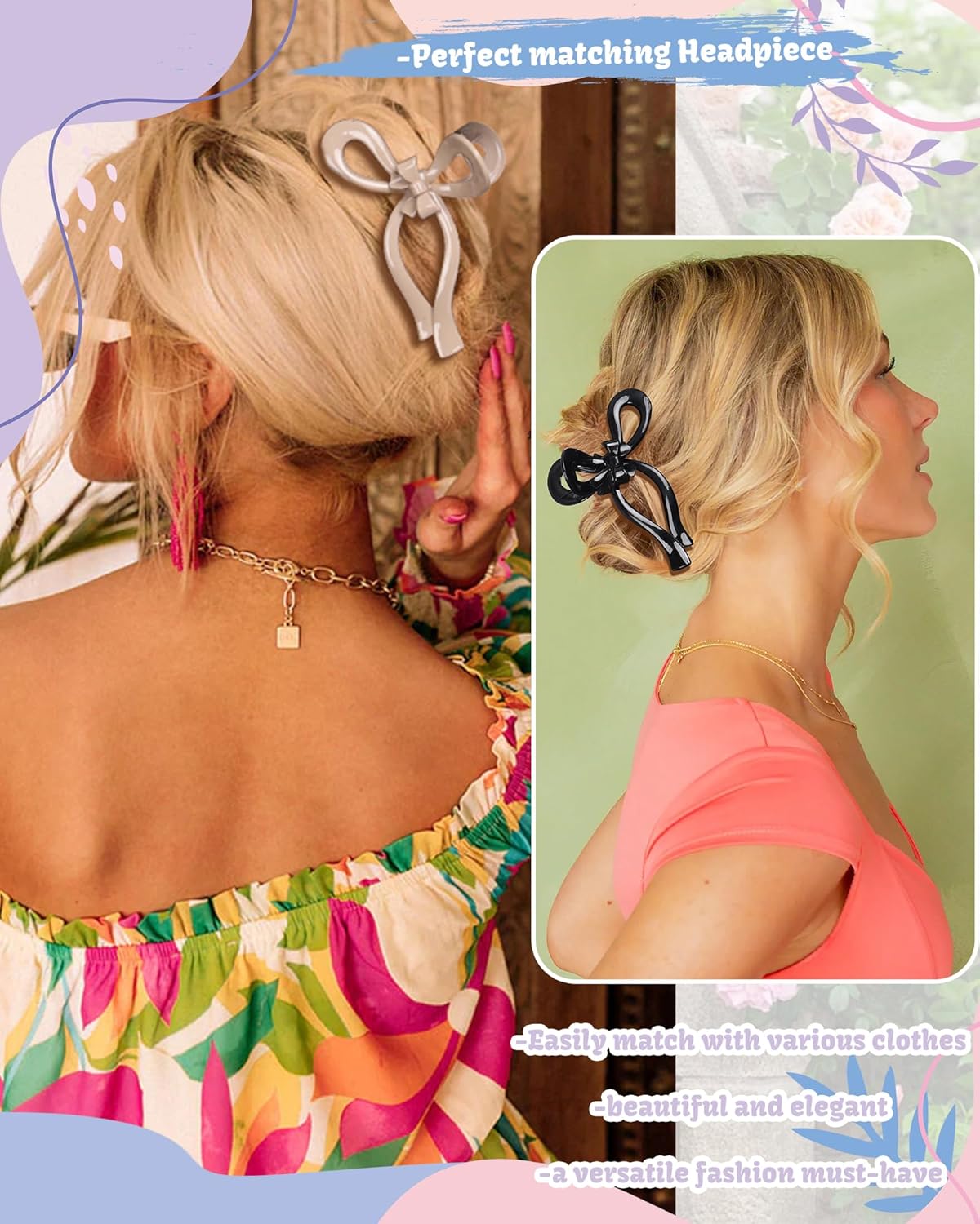 4 PCS Bow Hair Clips Bow Claw Clip for Women Nonslip Large Hair Claw Clips for Thin and Thick Hair Strong Hold Hair Bows (Black+White+Brown+Pink)