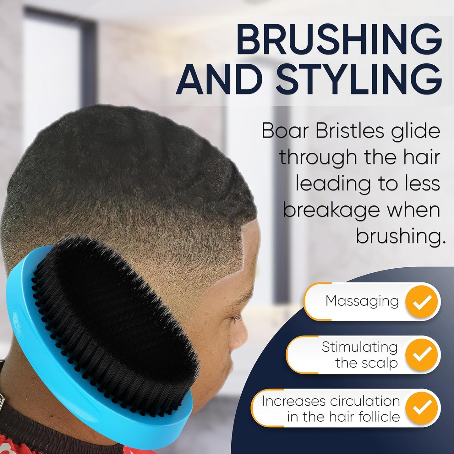 360 Wave Brush medium boar bristle | curved - palm - for man - women - boys - girls - hair waves(Blue)